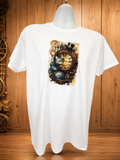 Short-sleeve shirt with antique clock and cat design