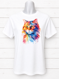 Short-sleeved T-shirt featuring a beautiful multicolored cat looking to the right