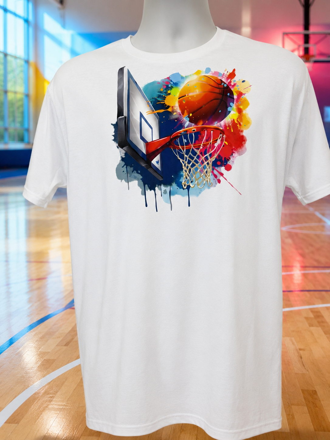 Short-sleeve T-shirt with a basketball hoop design and multicolored background.
