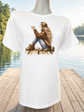 Short-sleeved T-shirt on a blonde woman wearing a brown sweater at the dock.