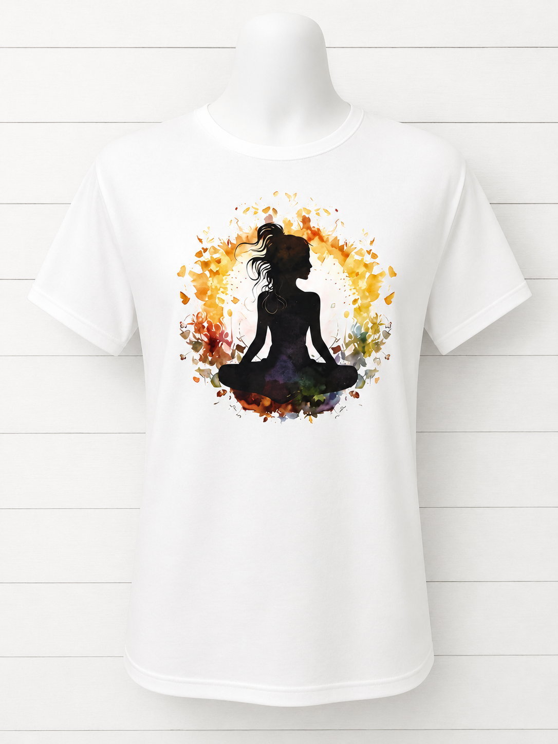 Beautiful T-shirt with a meditating girl design.