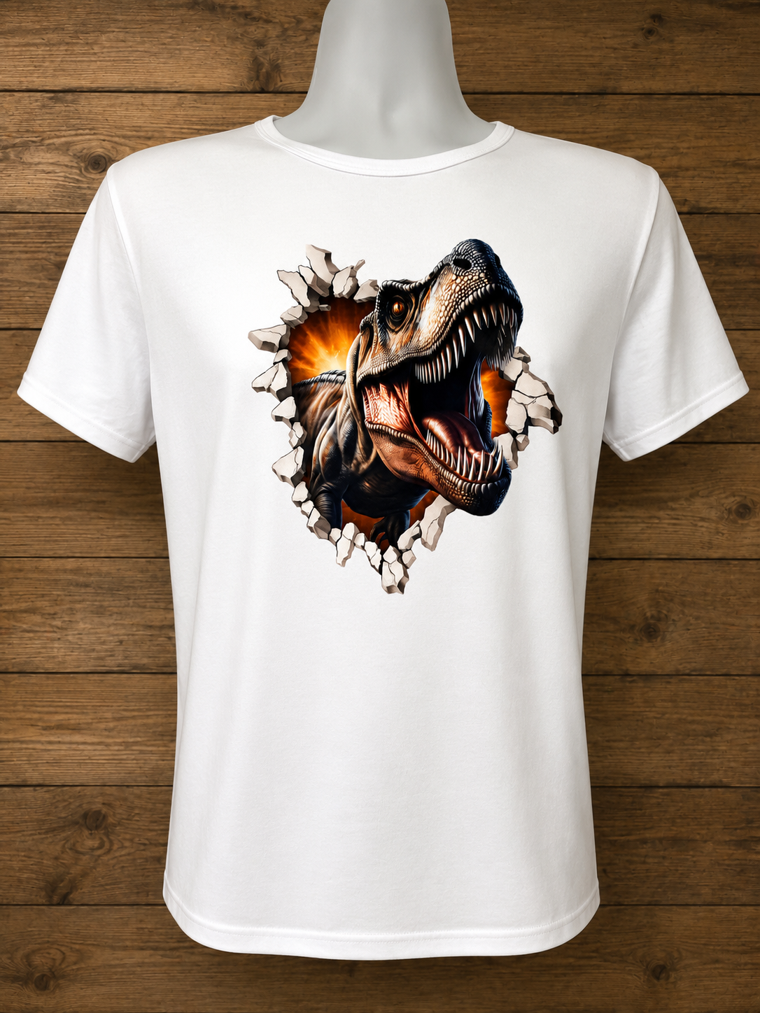 Short-sleeved T-shirt with a dinosaur design and an orange background.