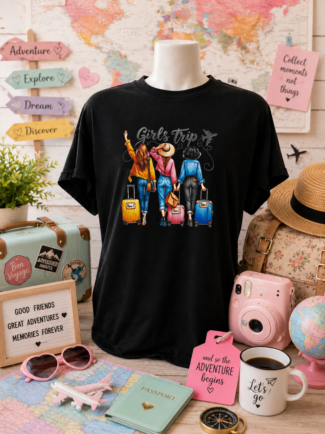 Short-sleeved T-shirt featuring a design of three girls traveling, each with her own suitcase.