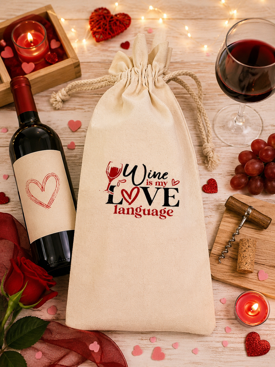 Beautiful canvas wine bottle bag ( Wine is my Love language)—ideal for gifting.  Size: 5.9" x 13.7"