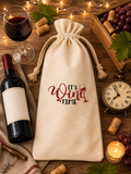 Beautiful canvas wine bottle bag ("It's wine time") with red and black lettering and a red wine glass—perfect for gifting. Size: 5.9" x 13.7".