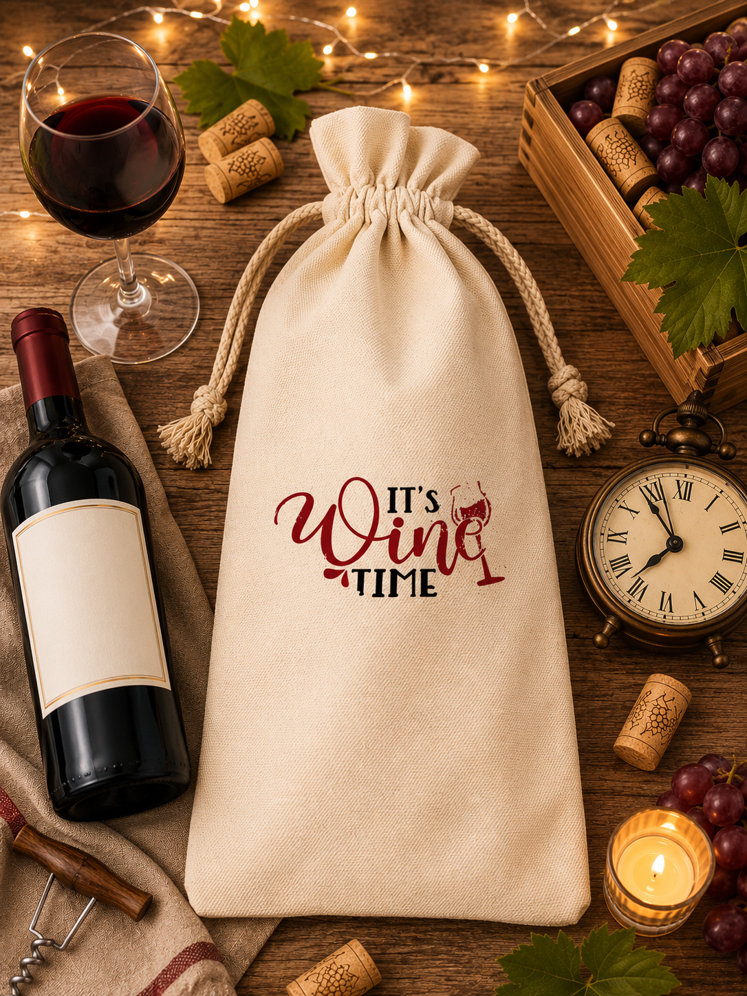 Beautiful canvas wine bottle bag ("It's wine time") with red and black lettering and a red wine glass—perfect for gifting. Size: 5.9" x 13.7".