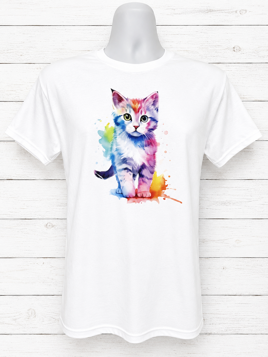 Short-Sleeve T-Shirt Featuring a Beautiful Multicolored Walking Cat