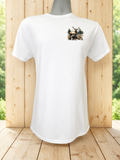 Short-sleeve T-shirt featuring a deer-in-the-forest design and a small logo on the left.