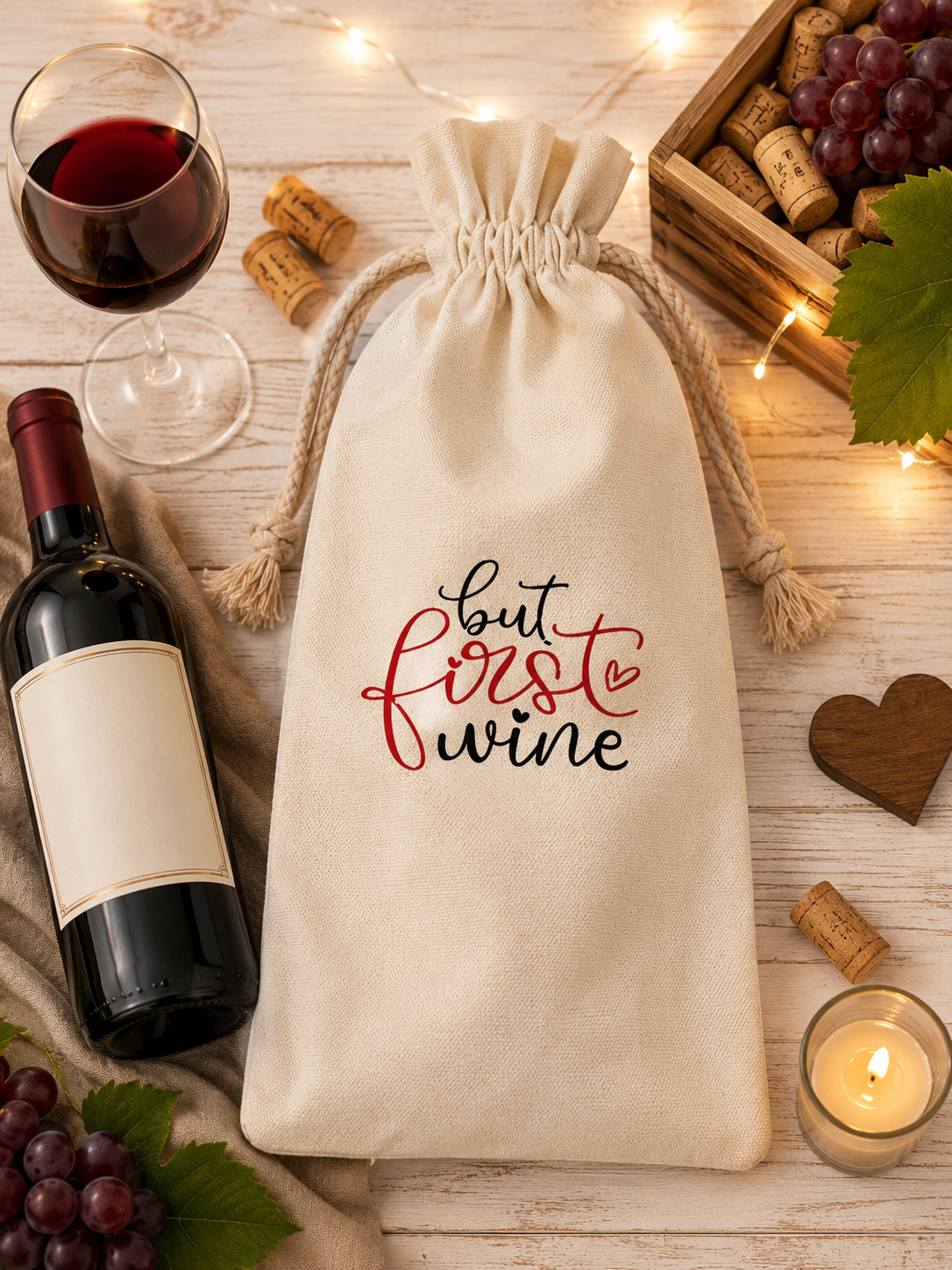 Beautiful canvas wine bottle bag ("But First Wine") with red and black lettering and a red wine glass—perfect for gifting. Size: 5.9" x 13.7".
