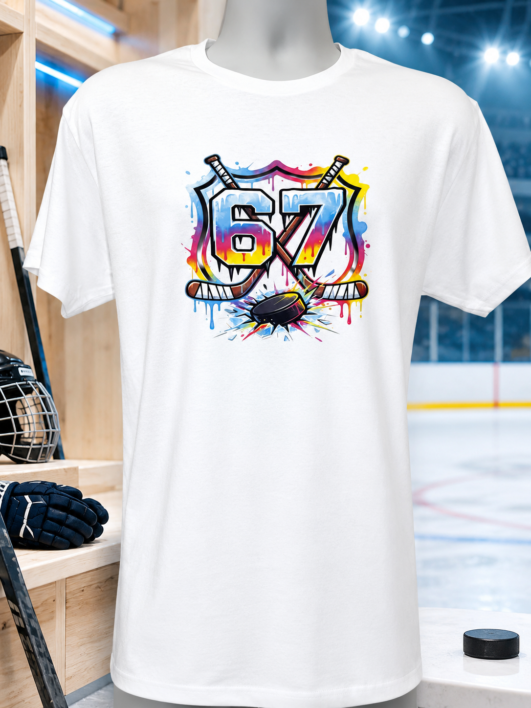 Short-sleeve T-shirt with a multicolored hockey stick and "67" design.