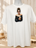 Short-sleeve shirt with a design of a girl drinking an iced frappé coffee.