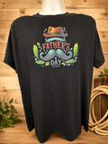 Short-sleeve T-shirt featuring a brown hat, green mustache, and "Happy Father's Day" design.