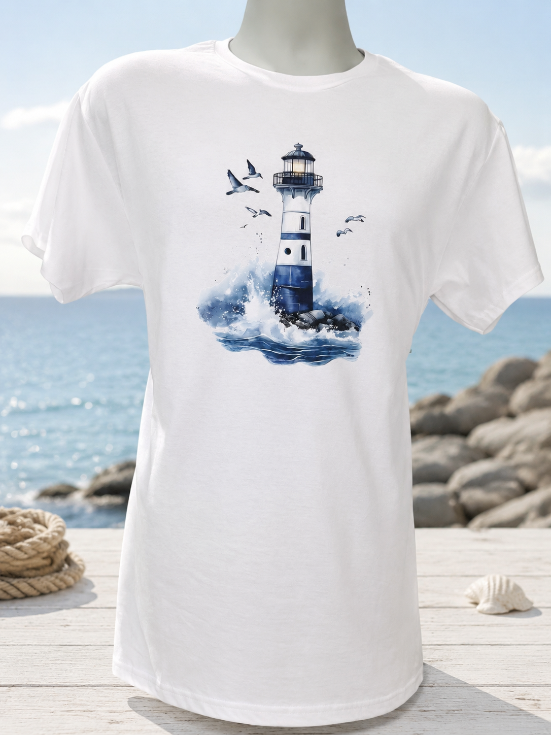 Beautiful short-sleeve T-shirt with a blue lighthouse design