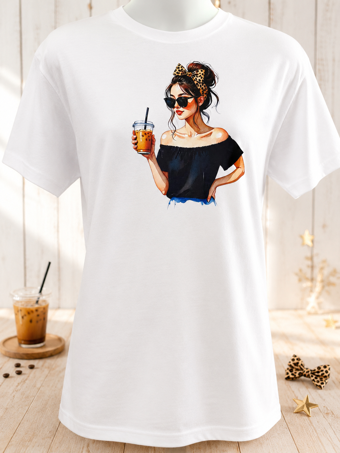 Short-sleeve shirt featuring a design of a girl drinking boba coffee.