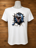 Short-sleeved T-shirt with a dinosaur design and a blue background.