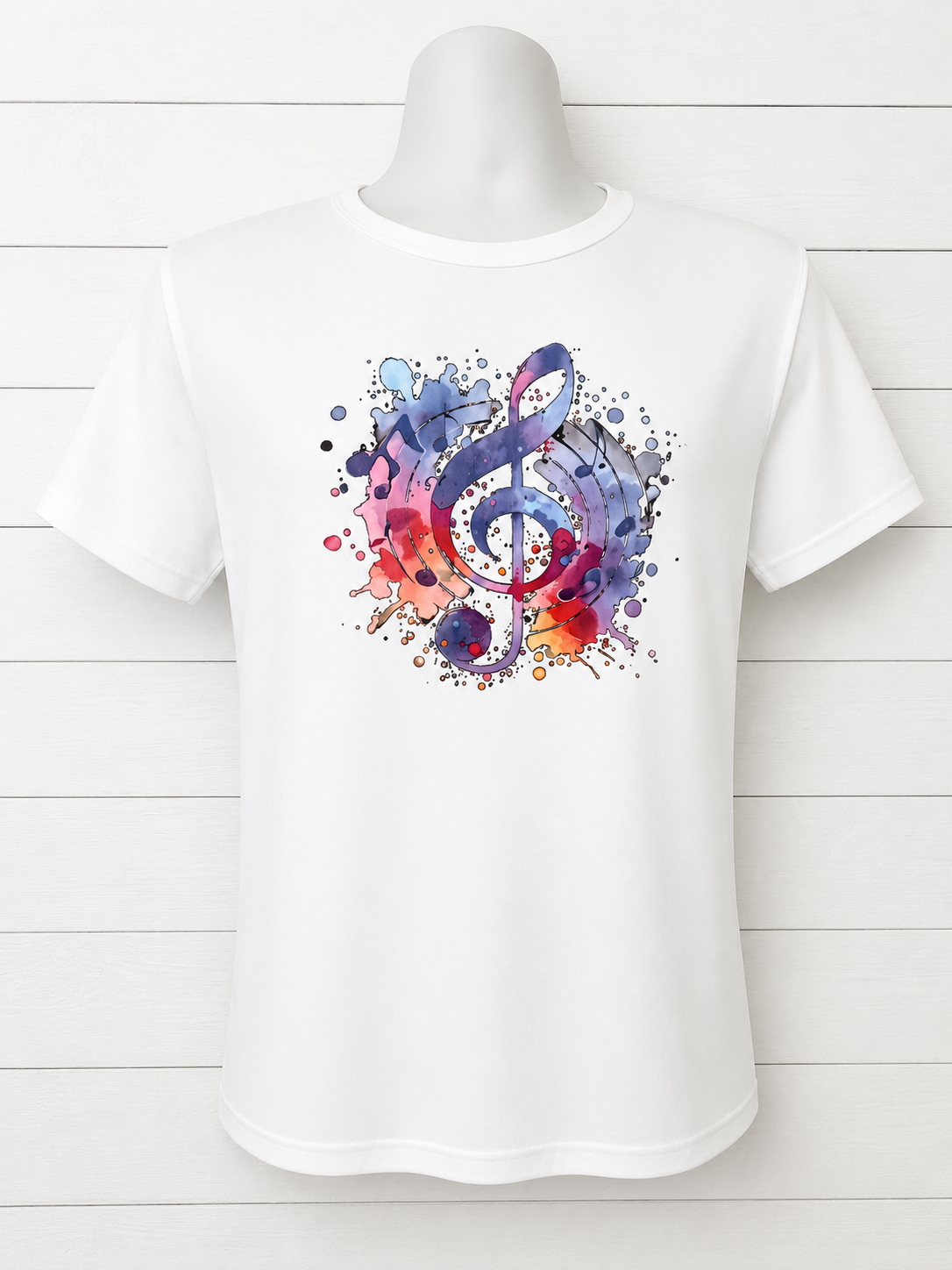 Beautiful short-sleeved T-shirt with a musical note design and a light purple spiral background.