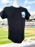 Short-sleeved T-shirt featuring a small design of a frozen baseball on the left side, in a beautiful soft light blue color.