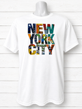 Beautiful white short-sleeved New York City T-shirt; each letter features a detail of the city.