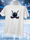Short-sleeve T-shirt featuring a logo with hockey sticks and a black game puck in the background.