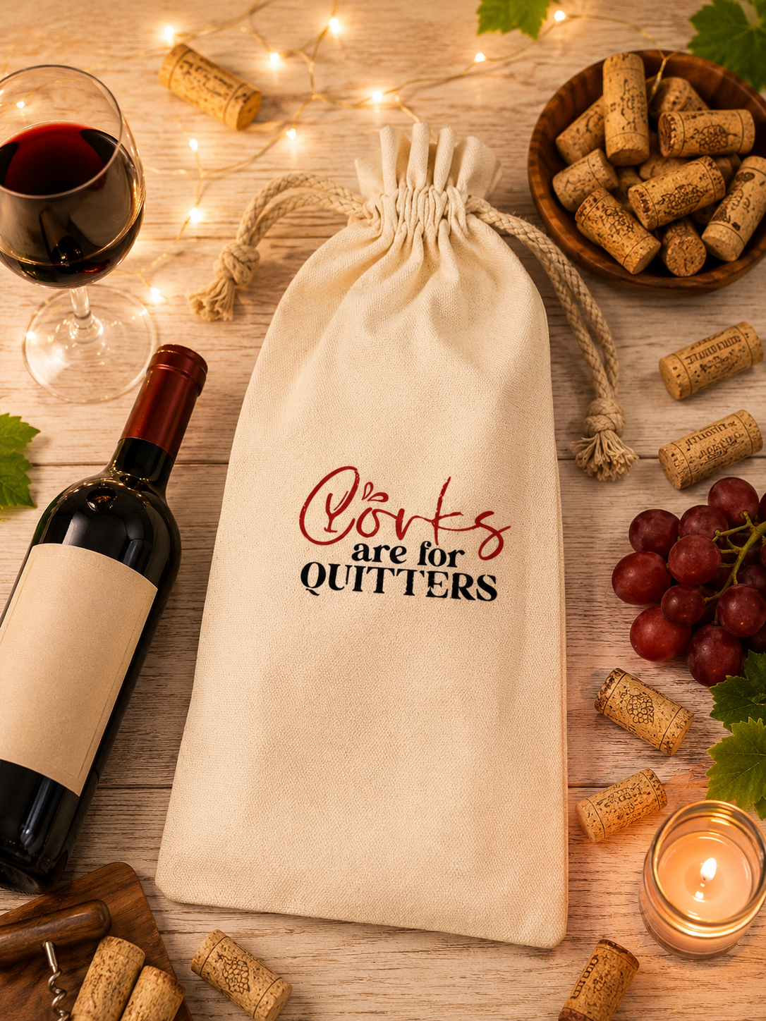 Beautiful canvas wine bottle bag ("Corks are for Quitters") with red lettering and a red wine glass graphic—perfect for gifting. Size: 5.9" x 13.7".