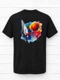 Beautiful short-sleeve shirt featuring a large design on the back—a blue and white basketball inside a hoop—set against a multicolored background.