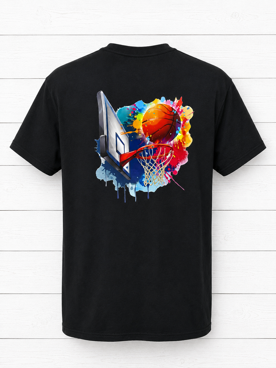 Beautiful short-sleeve shirt featuring a large design on the back—a blue and white basketball inside a hoop—set against a multicolored background.