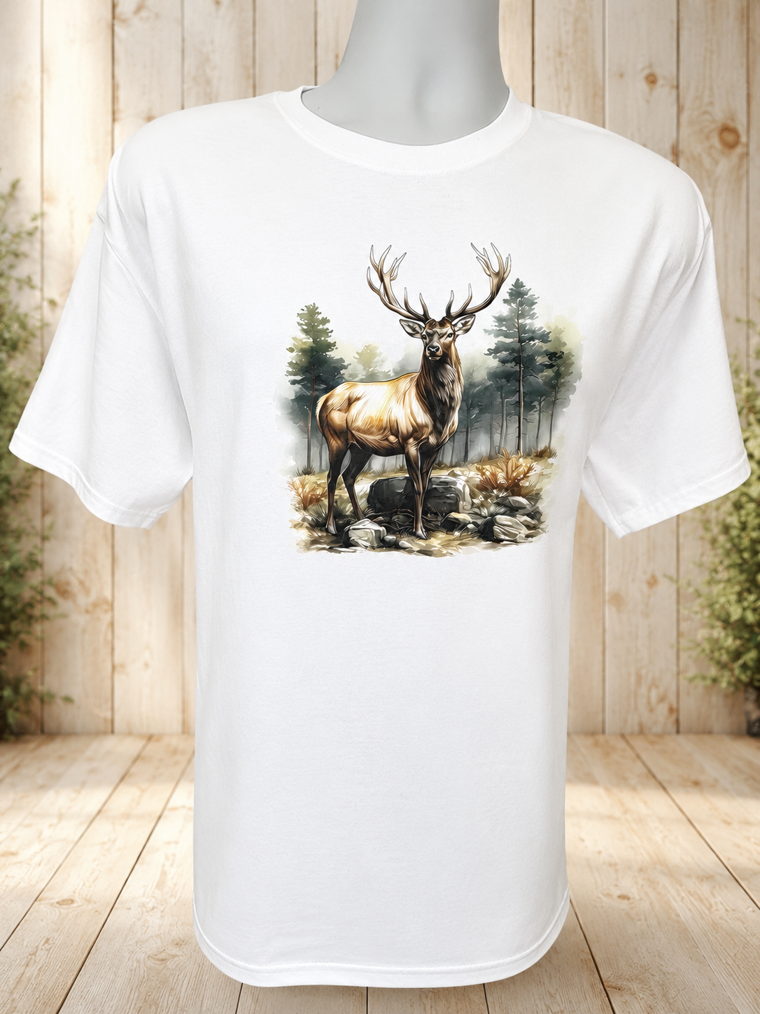 Short-sleeve T-shirt with a deer-in-the-forest design