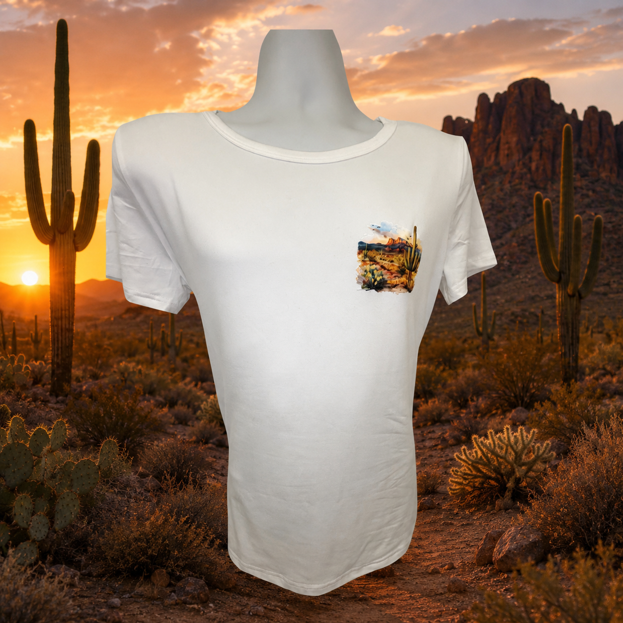 Short-sleeved T-shirt with a small desert design on the left side.
