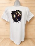 Short-sleeved T-shirt with a dinosaur design and a palm tree background.
