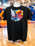 Beautiful short-sleeved shirt featuring a large design on the front—a blue and white basketball hoop—set against a multicolored background.
