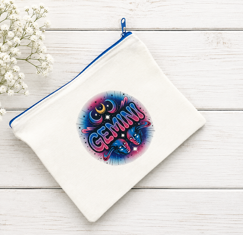 Canvas zippered pouch or pencil case (Blue Zodiac Gemini logo) –