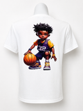 Purple short-sleeved T-shirt featuring a graphic of a boy playing basketball on the back.