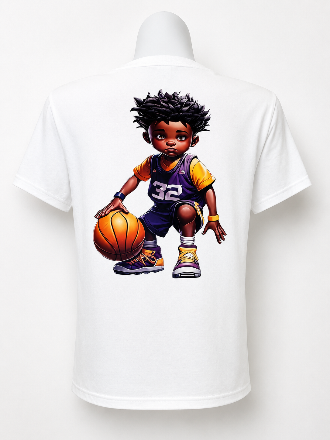Purple short-sleeved T-shirt featuring a graphic of a boy playing basketball on the back.