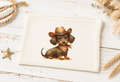Beautiful canvas zippered case or pencil case featuring a brown dog wearing a hat; beige zipper
