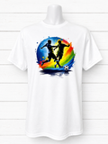White short-sleeved T-shirt featuring two soccer players and a round, colorful background.