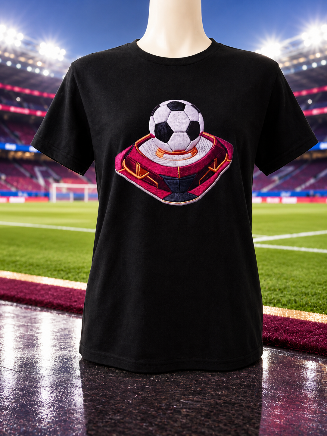 Short-sleeved T-shirt with a soccer ball design on a pink background.