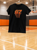 Beautiful short-sleeve shirt with an orange basketball hoop design and the number 67.