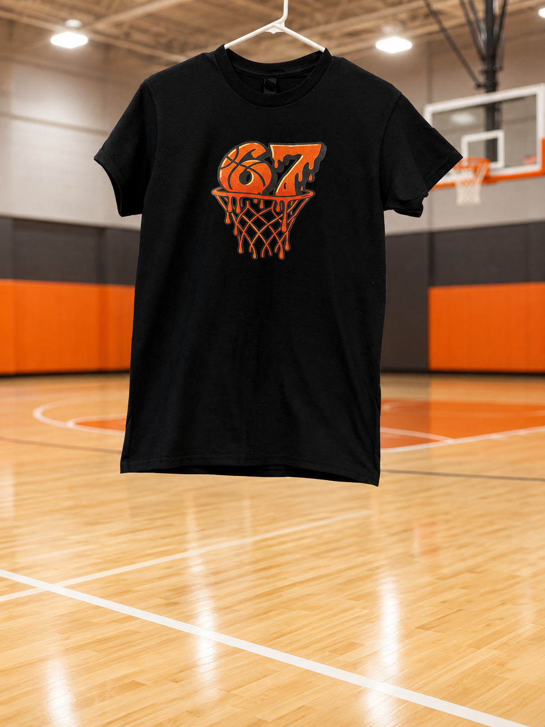 Beautiful short-sleeve shirt with an orange basketball hoop design and the number 67.