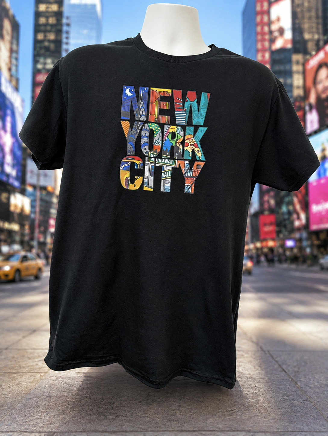 A beautiful short-sleeved shirt featuring a "NEW YORK CITY" design, with a cityscape pattern inside each letter.