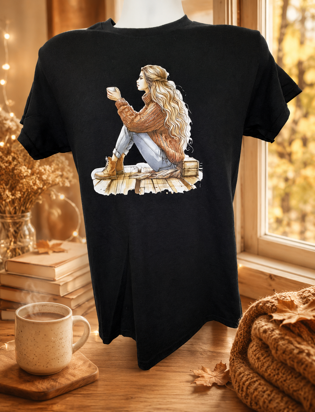Short-sleeved T-shirt featuring a design of a girl in a brown sweater on a pier, deep in thought while holding a cup of coffee.