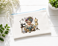 Canvas zippered case or pencil case  (seamstress drinking coffee, sky blue zipper)