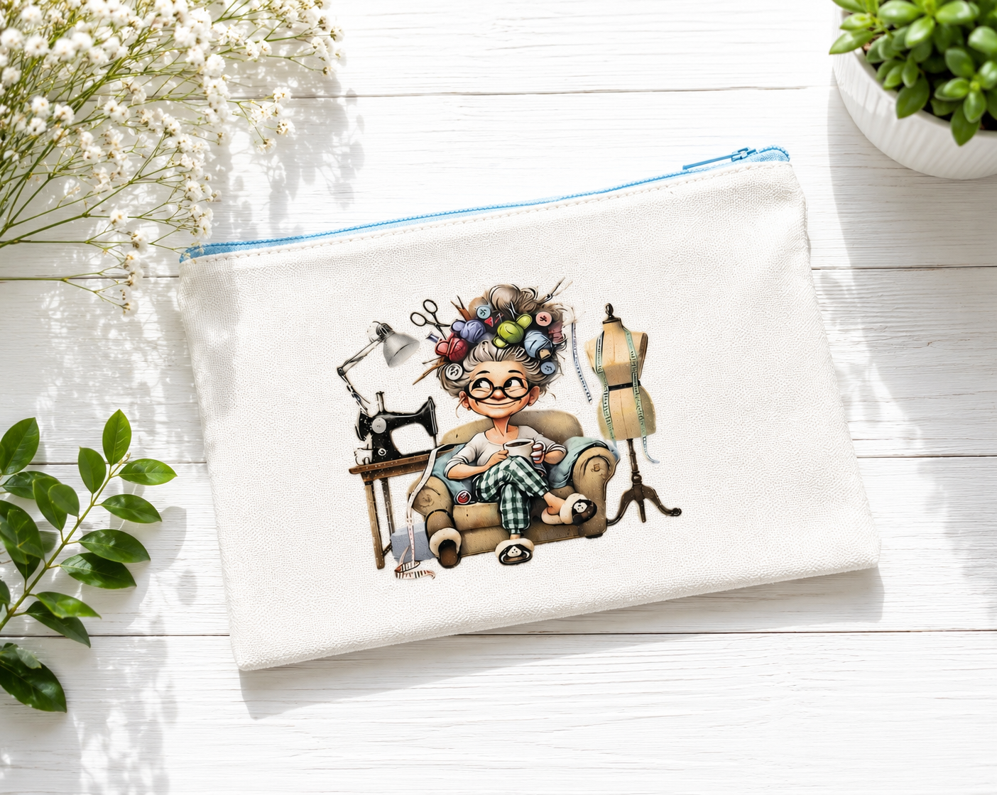 Canvas zippered case or pencil case  (seamstress drinking coffee, sky blue zipper)