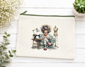 Canvas zippered case or pencil case (seamstress drinking coffee, dark green zipper)