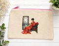 Beautiful zippered canvas case featuring a design of a seated geisha holding a small dog.