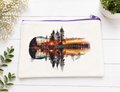 Beautiful canvas zippered case or pencil case featuring a guitar, landscape, and sunset design; beige zipper