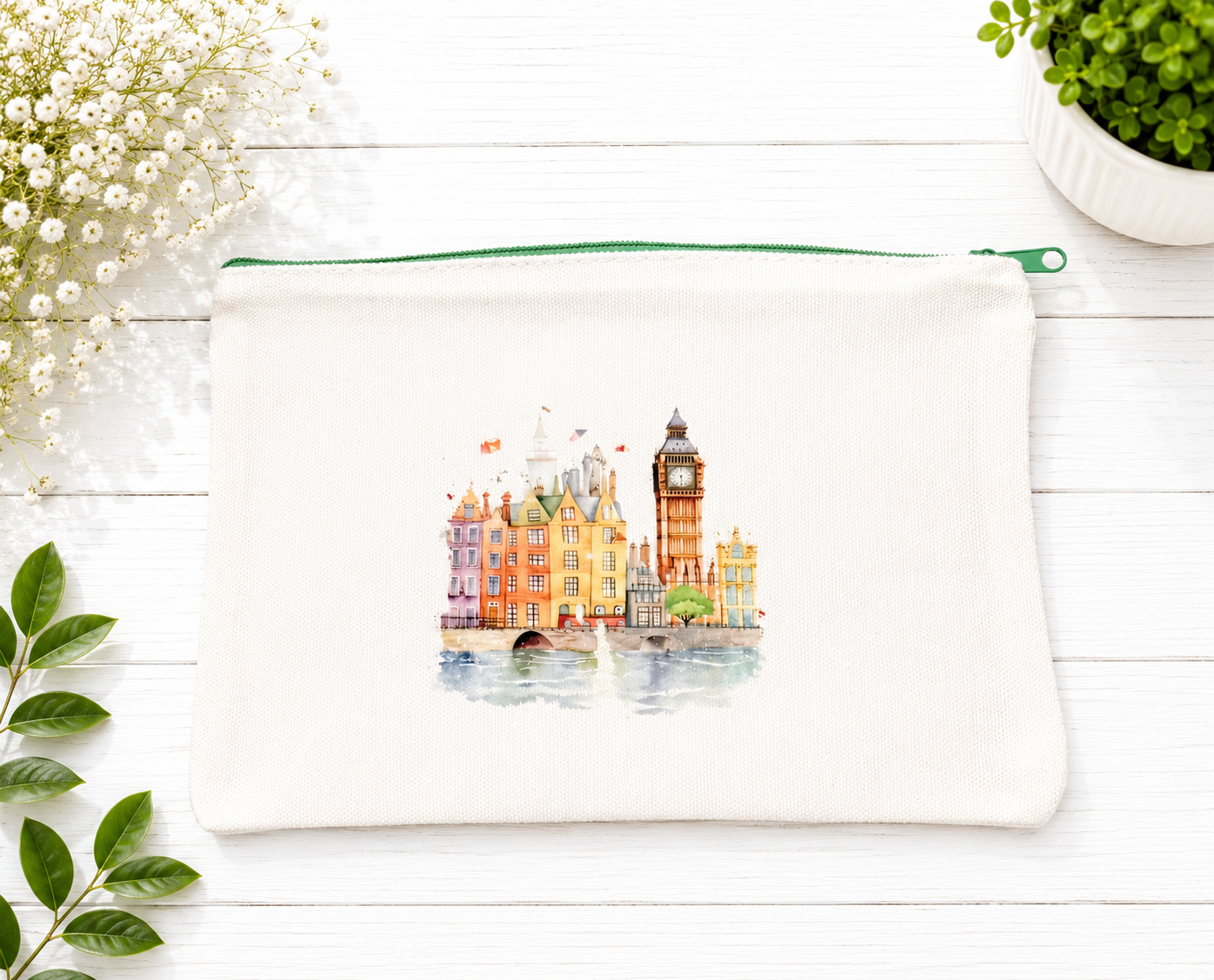 Beautiful canvas zippered case, London design, dark green zipper