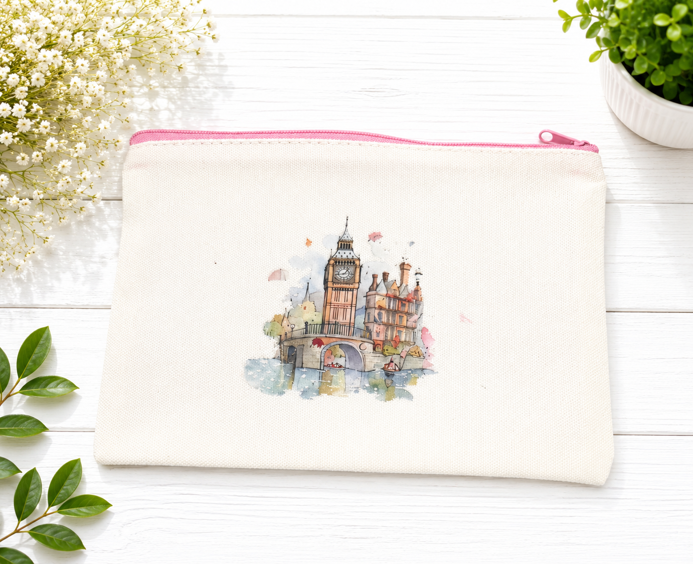 Beautiful canvas zippered pouch, London design,  pink zipper
