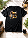 Short-sleeve t-shirt featuring a bear design set against water and mountains.