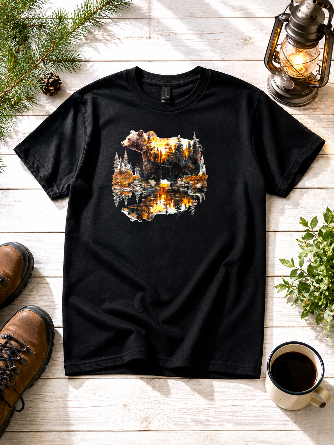 Short-sleeve t-shirt featuring a bear design set against water and mountains.