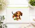 Beautiful canvas zippered case or pencil case featuring a brown puppy design with a beach ball and a soft green zipper